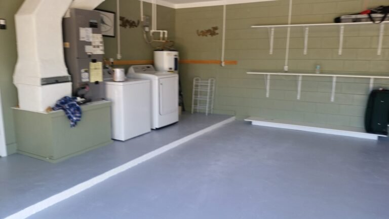 Coated garage floor with new wall shelving